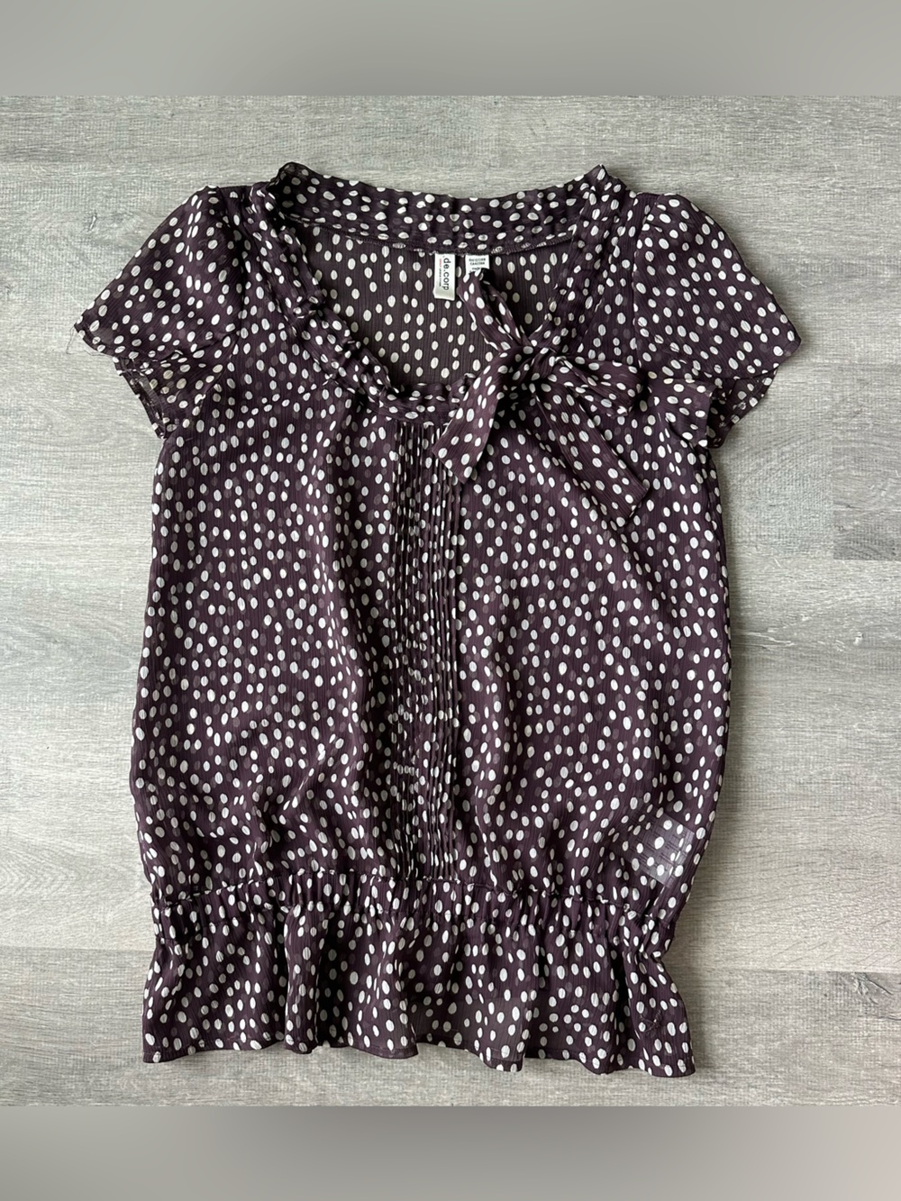Esprit de corp brown sheer Polka Dot Tie-Neck Ruffle Bottom Blouse